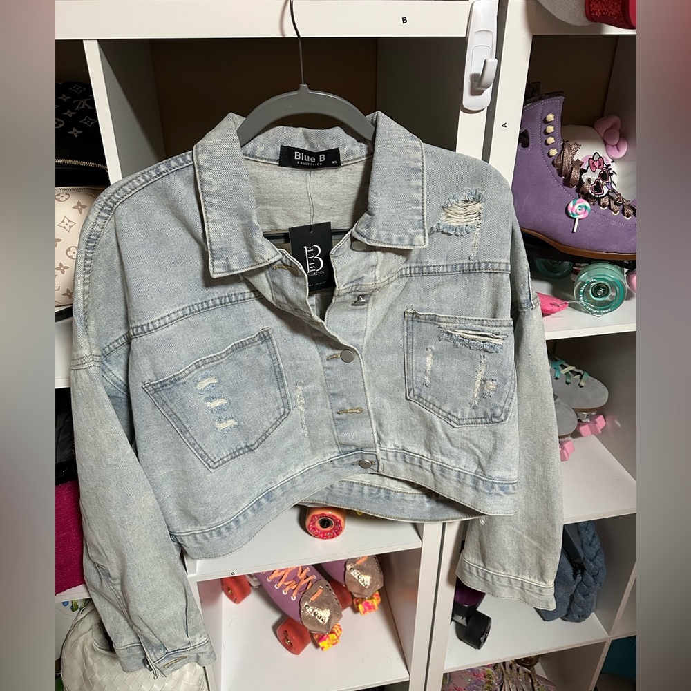 Blue B cropped Denim Jacket with rhinestone fringe
